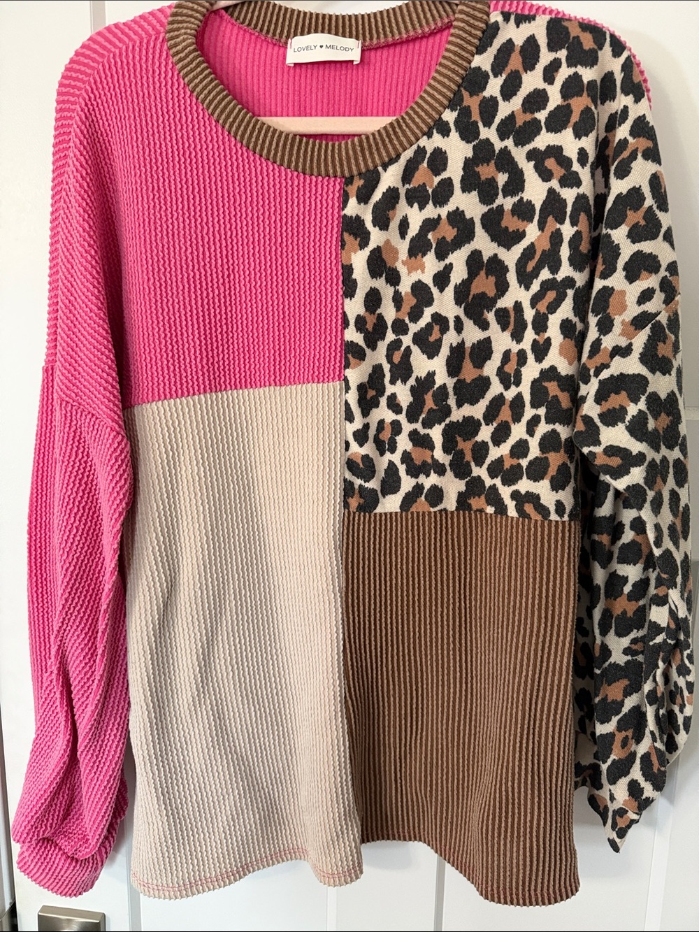 Lovely Melody Pink, Cream & Brown Leopard Block Knit Top